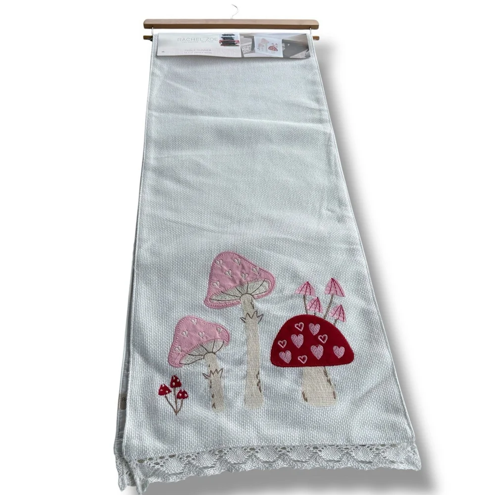 NEW Rachel Zoe VALENTINE MUSHROOM HEART TABLE RUNNER Applique 14x72” Huck Cloth